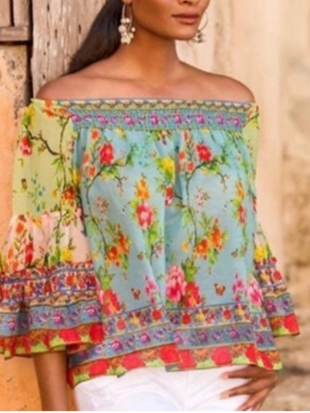 Ruby Yaya Boho Floral Bell Sleeve Globetrotter Peasant Blouse (L) Butterflies